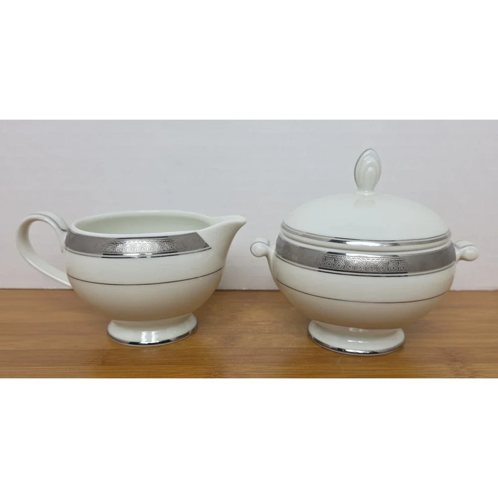 Mikasa Fine China Palatial Platinum Creamer & Sugar Bowl‎ L3235 White & Silver